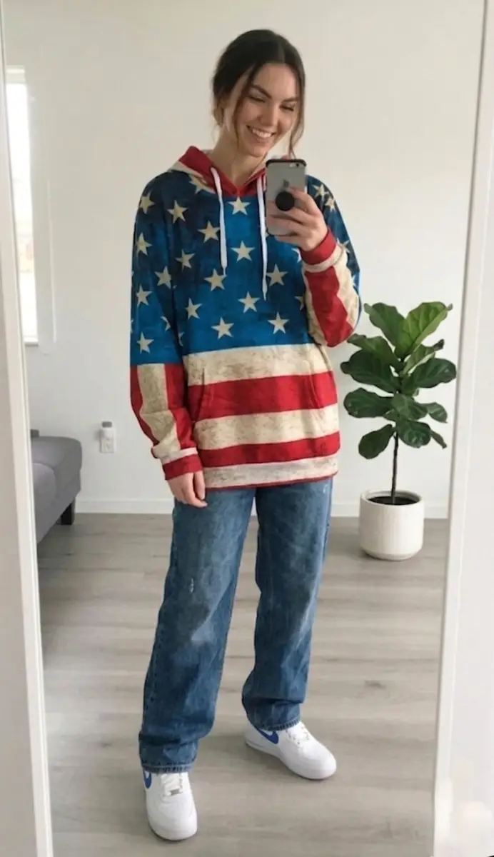 Yibailian Stars & Stripes Hoodie Sz rare 3XL VGC Distressed Vintage Americana Oversized