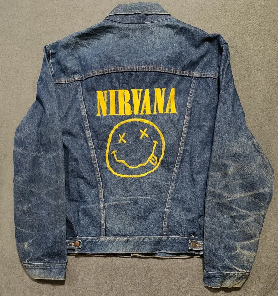 Rustler Vintage Blue Denim Trucker Jacket Reworked Nirvana Embroidery Made in USA Mens L Unisex XL
