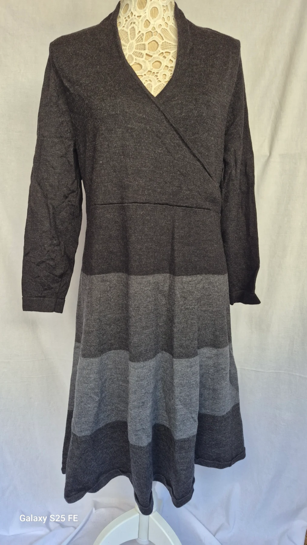 EAST 100% Merino Wool Jumper Dress XL UK Wrap V-Neck Grey Stripe Knitted Flare