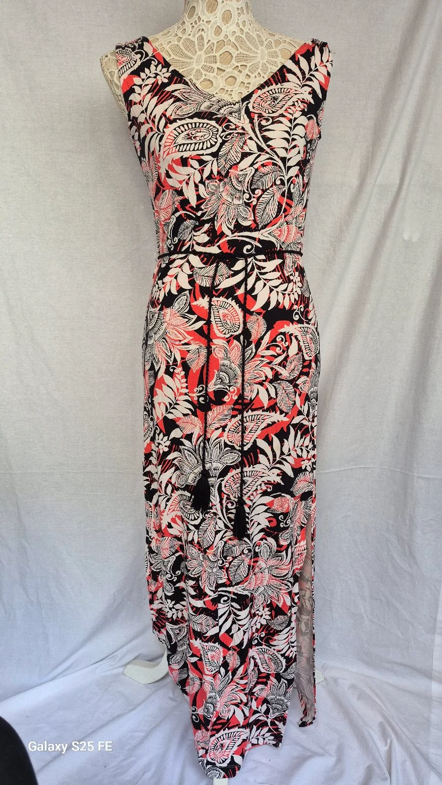 M&S Collection Paisley Maxi Dress UK 8 Coral Black Viscose Jersey Split Belted