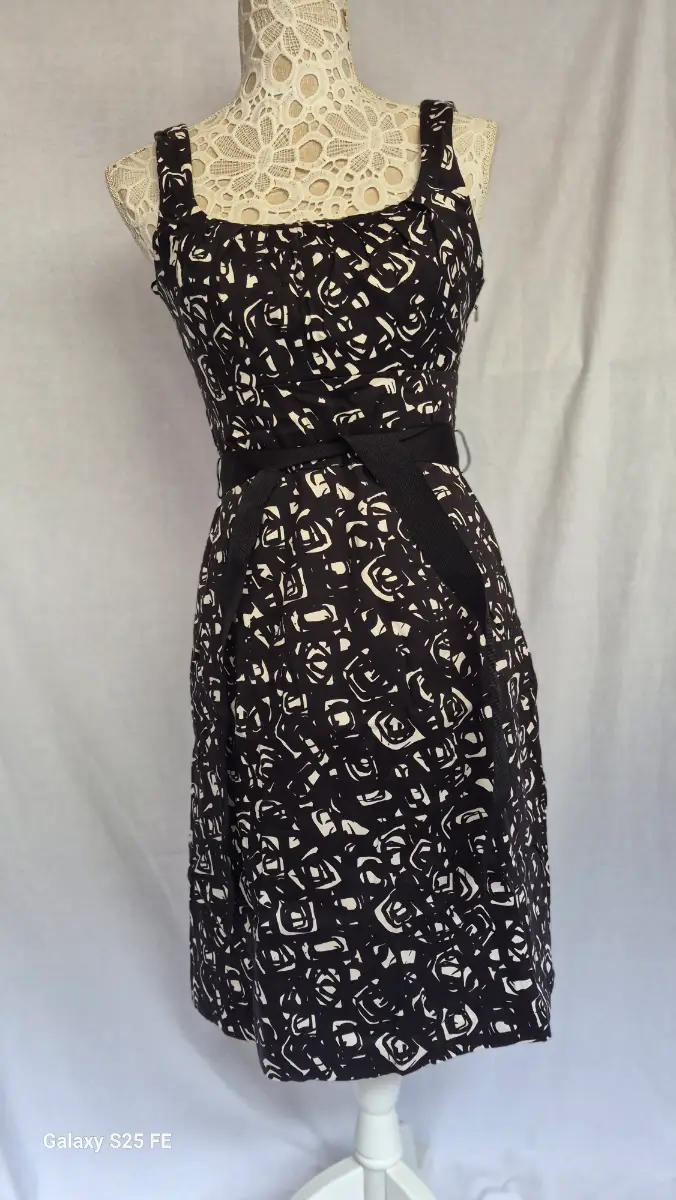 COAST Dress UK 10 Black Cream Abstract Print Cotton Stretch Knee Length Smart