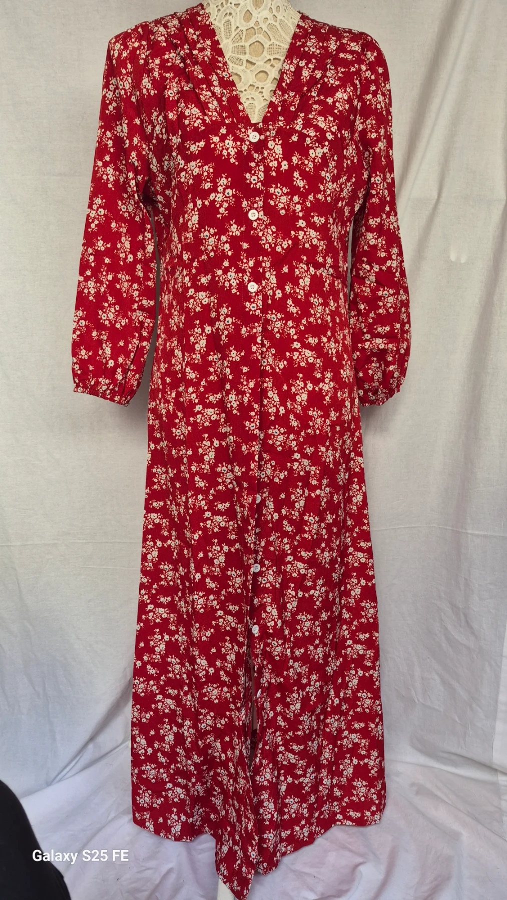 Red Ditsy Floral Maxi Dress Size S Button Down V Neck Long Sleeve Boho Tea Dress