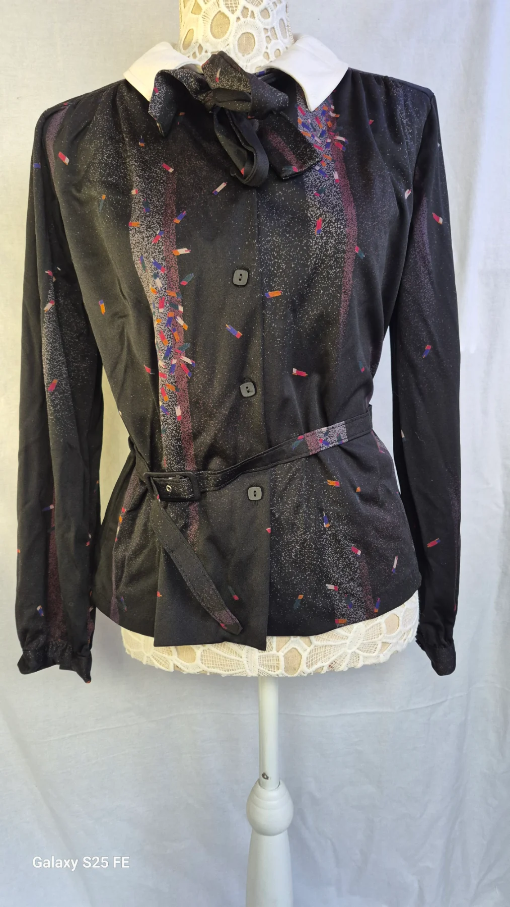 Vintage 70s 80s Black Abstract Confetti Blouse White Collar Tie Belt Fits UK 10 12