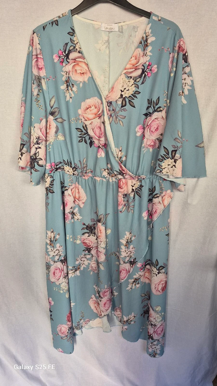 Yours London Floral Wrap Dress Size 30 32 Blue Pink Rose V-Neck Short Sleeve Plus