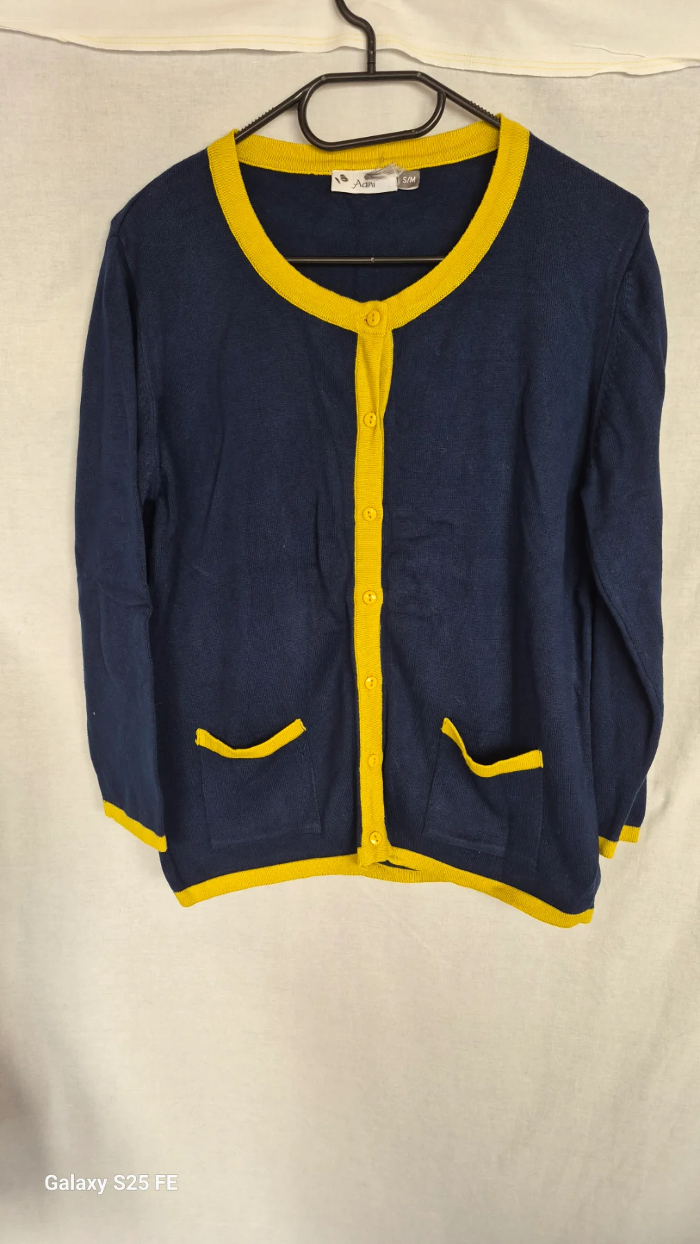 Adini Womens Cardigan Size S M Navy Blue Yellow Contrast Trim 100% Cotton Knit