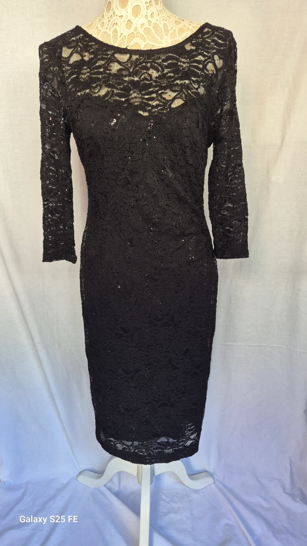 ​PLANET Black Lace Sequin Dress UK 10 Evening Cocktail Party Bodycon 3/4 Sleeve