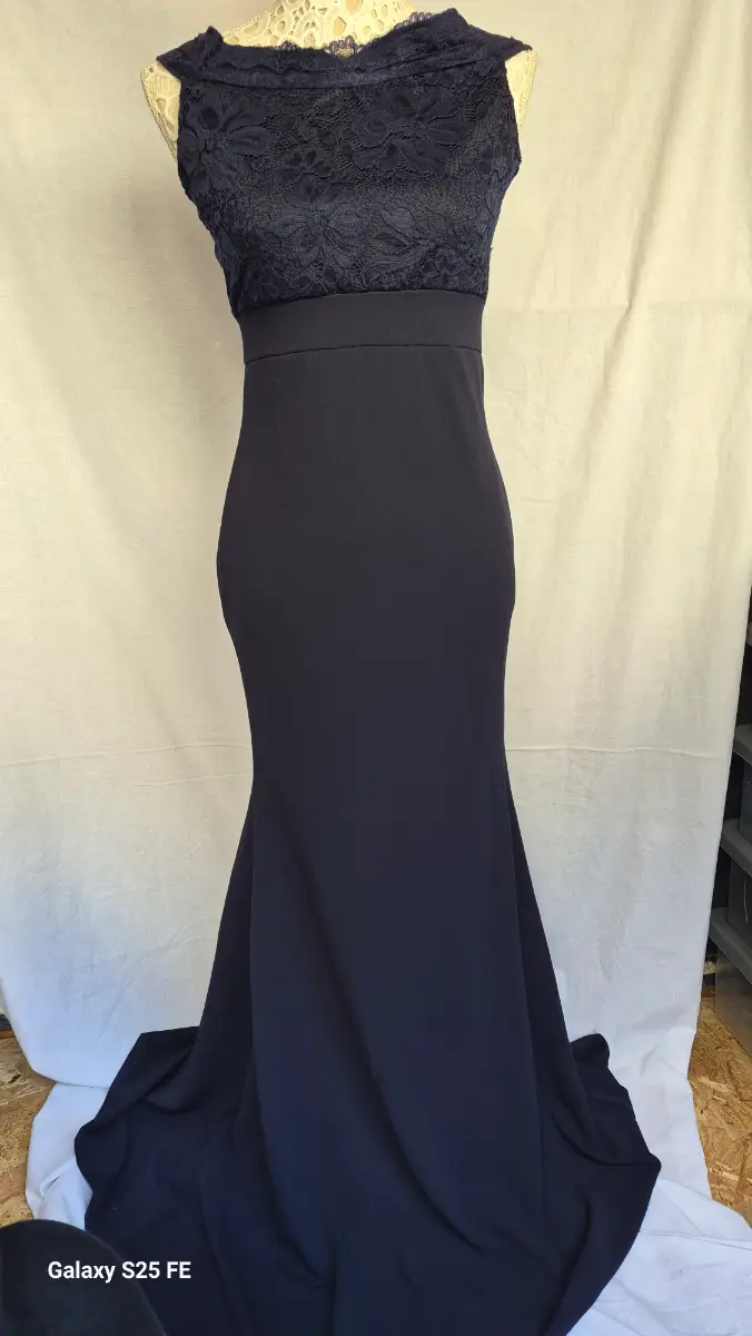 MISSGUIDED Navy Blue Lace Bardot Fishtail Maxi Dress UK 12 Prom Bridesmaid Ball