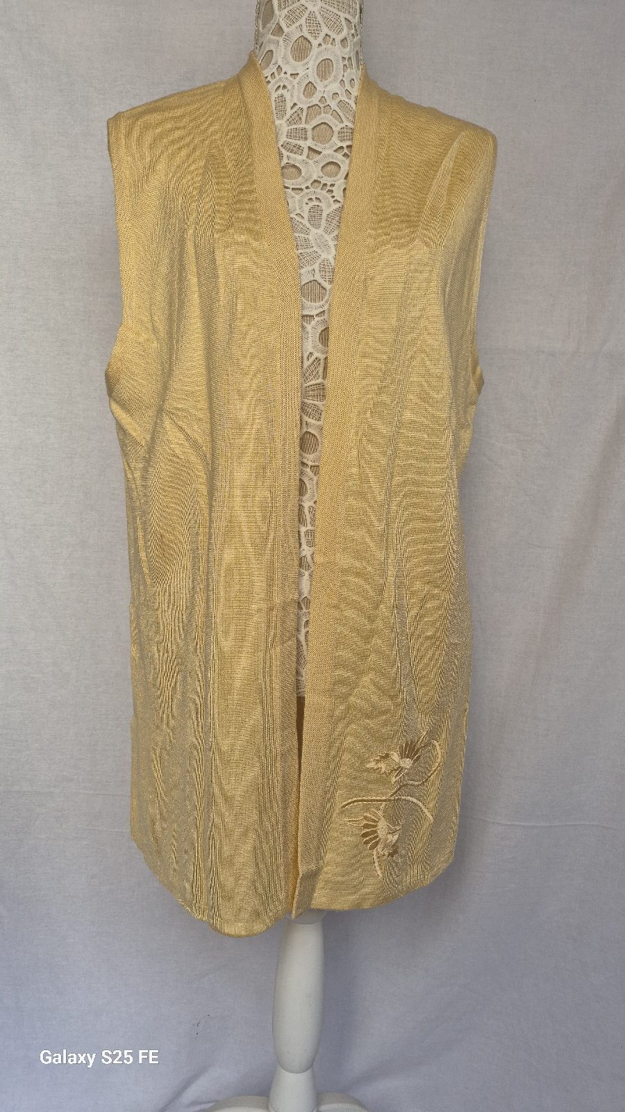 Vintage Chantal Knitwear Yellow Longline Sleeveless Cardigan Vest Embroidered UK size m