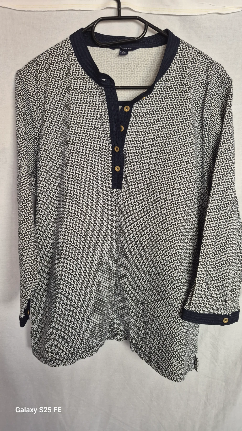 Lands End Tunic Top Size XL UK 18-20 Navy White Pattern Henley 3/4 Sleeve Cotton