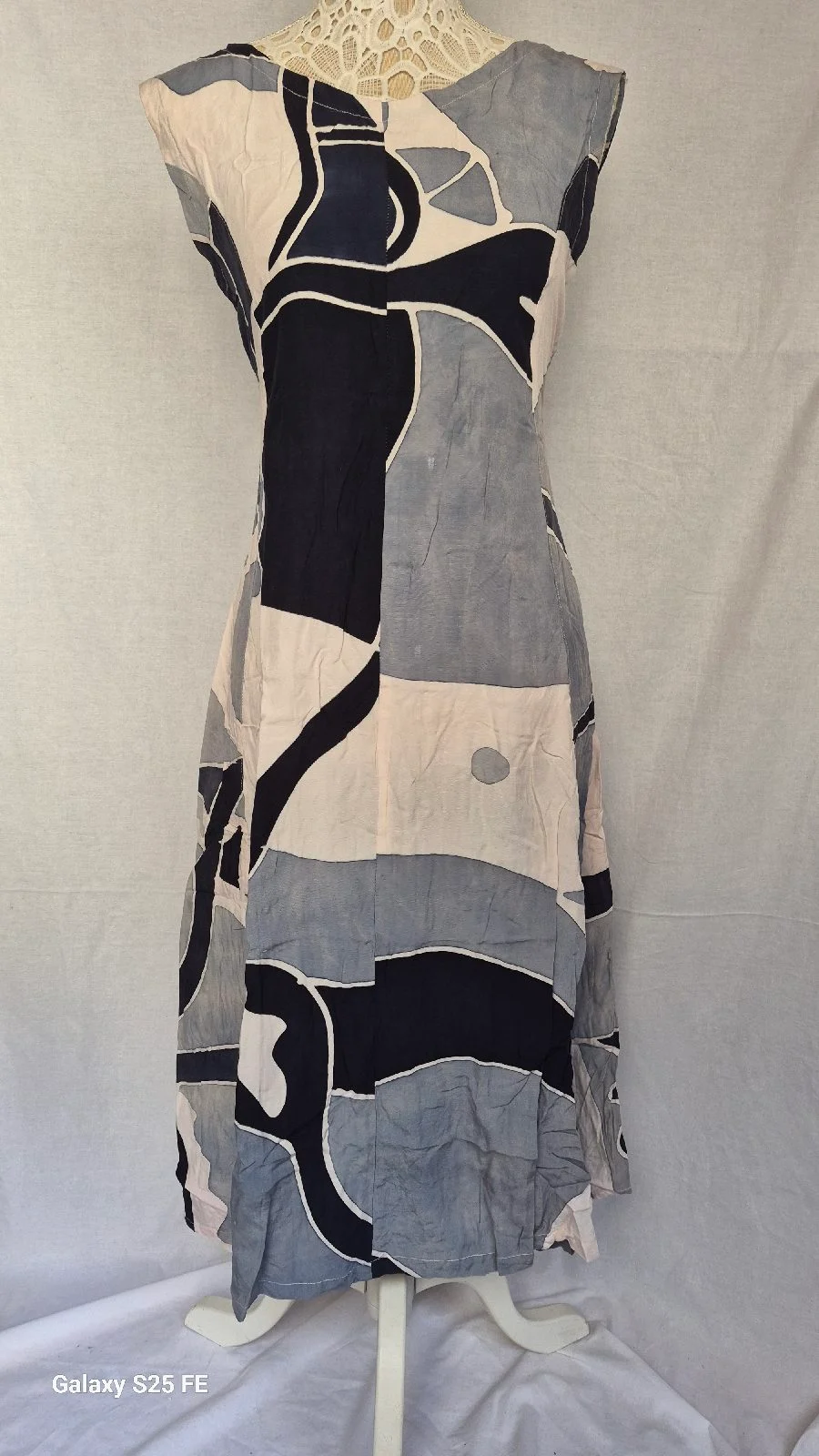 Purple Lotus Pale Blue Abstract Print Midi Dress Size S Small 100% Rayon Tie Back