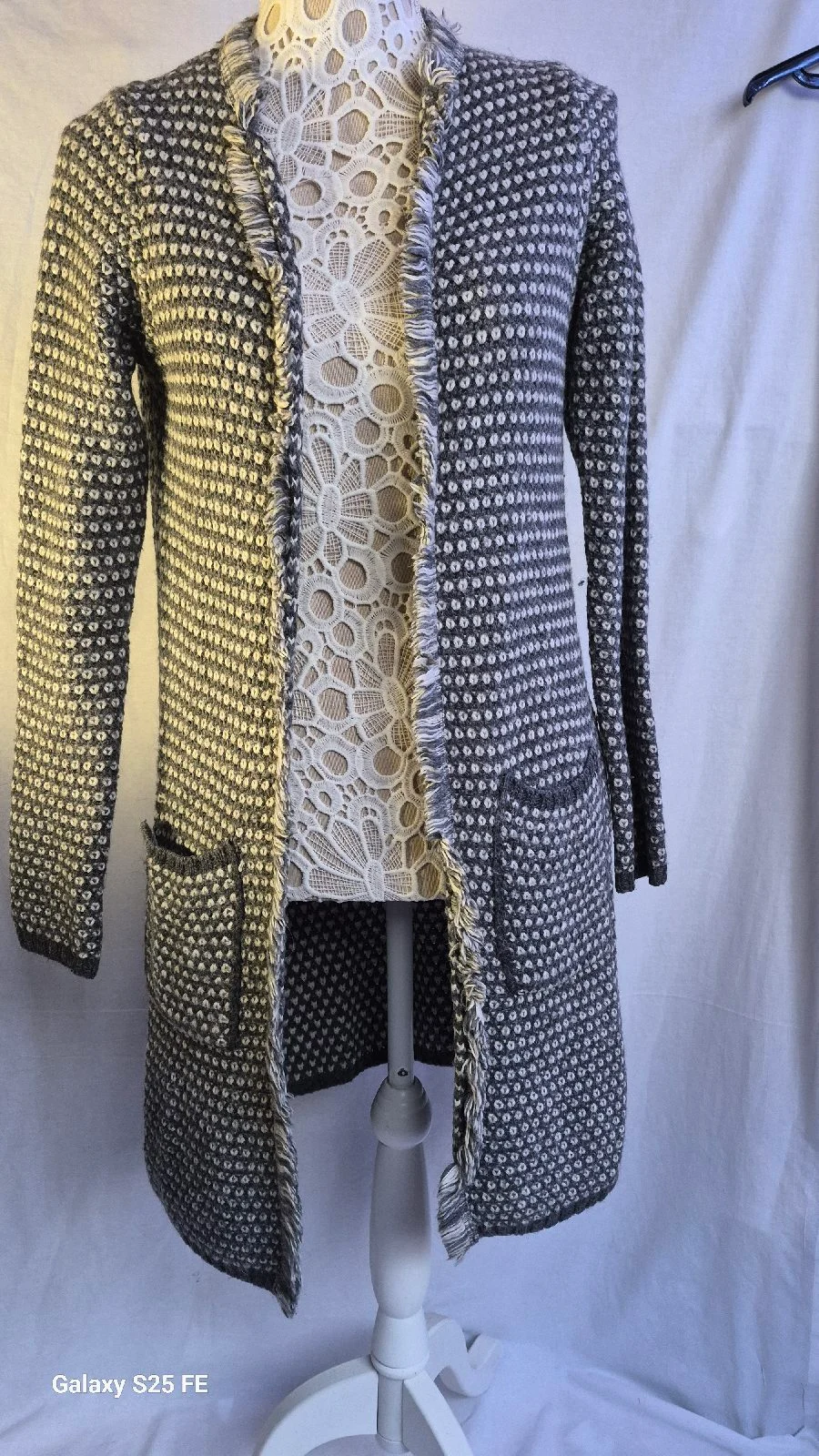 Cocogio Made in Italy Longline Cardigan UK 10 S Grey Chunky Alpaca Wool Fringe
