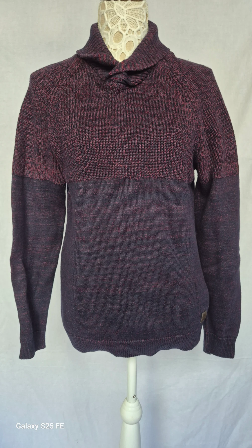 Angelo Litrico Mens Jumper Size S Burgundy Purple 100% Cotton Shawl Neck Sweater