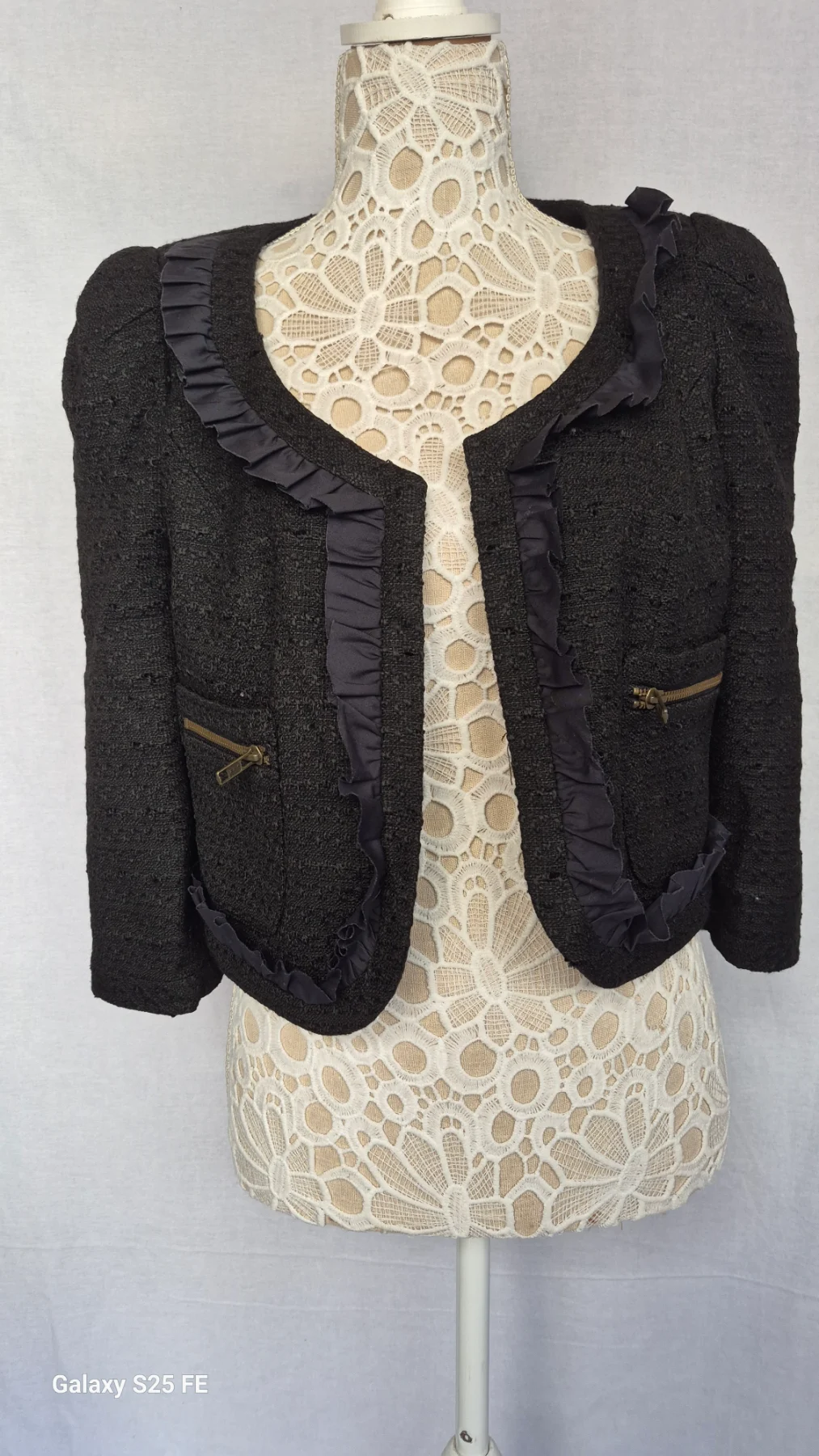 South Black Tweed Boucle Cropped Jacket Satin Frill Trim Zip Pockets UK Size S