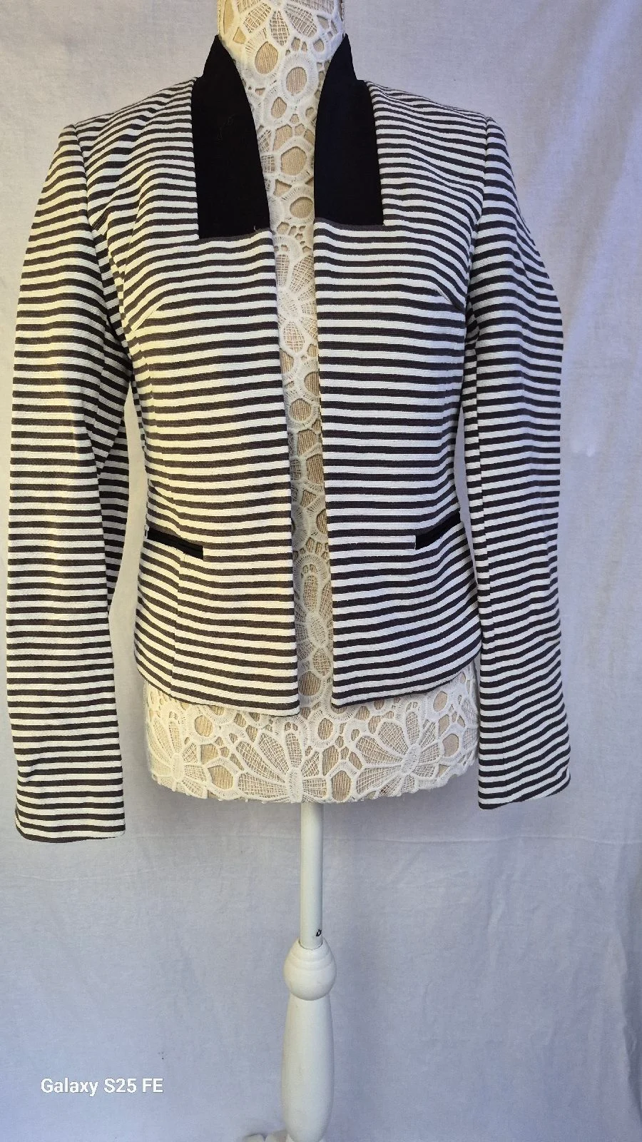 NEXT Womens Striped Open Front Blazer Jacket Black White Velvet Collar Size UK 8
