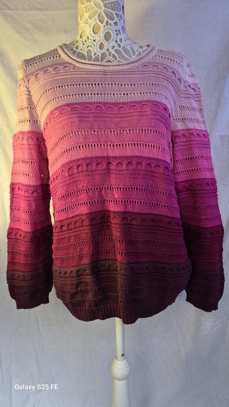 MONA Womens Ombre Jumper UK 16 Pink Gradient Textured Crochet 100% Cotton Knit