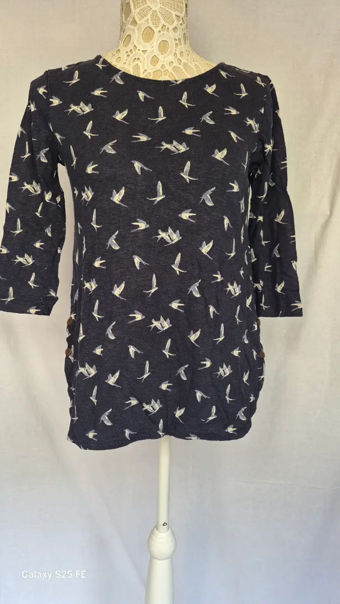 Fat Face Navy Blue Swallow Bird Print Tunic Top Size 8 3/4 Sleeve