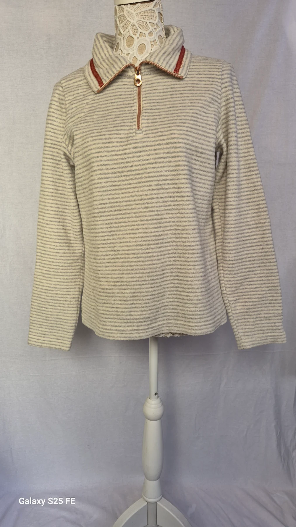Regatta Great Outdoors Striped Fleece Jumper Womens UK 10 Grey White 1/4 Zip Top