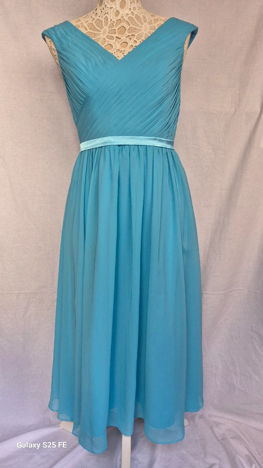 JJ's House Turquoise Blue Chiffon Bridesmaid Prom Dress Ruched V-Neck UK 8 10