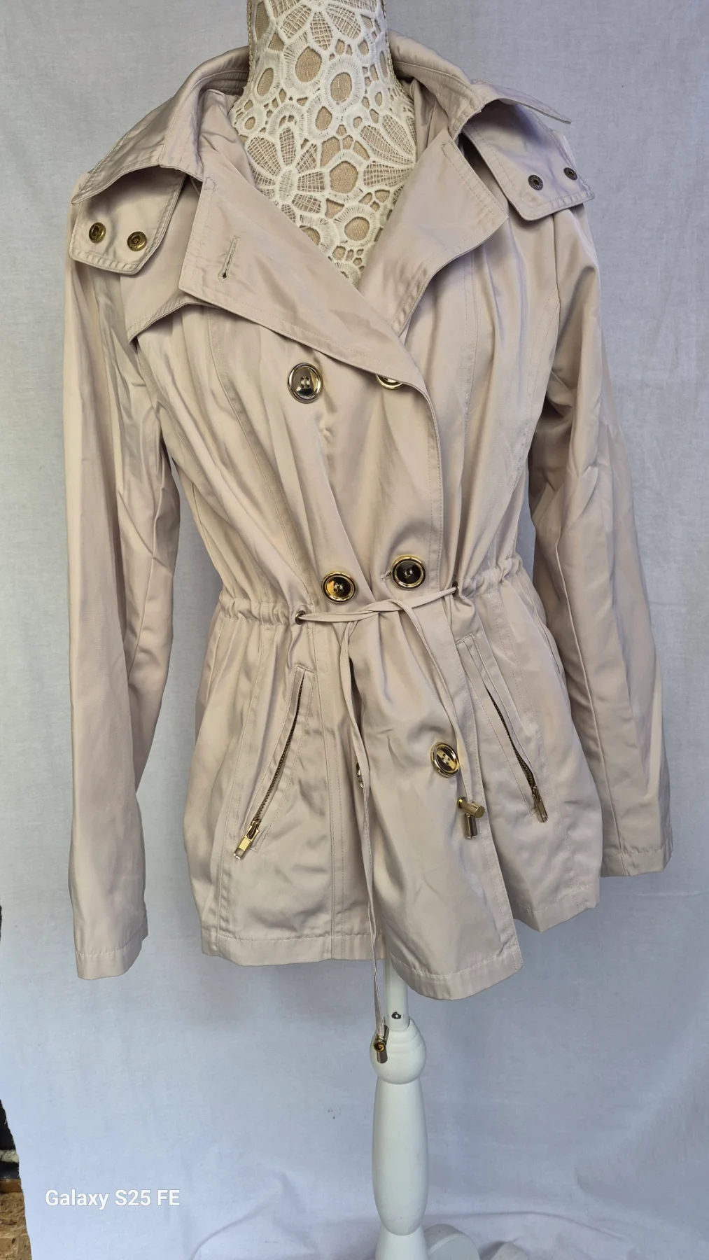 Tu Womens Stone Beige Short Trench Jacket Hooded Double Breasted Size 12 UK