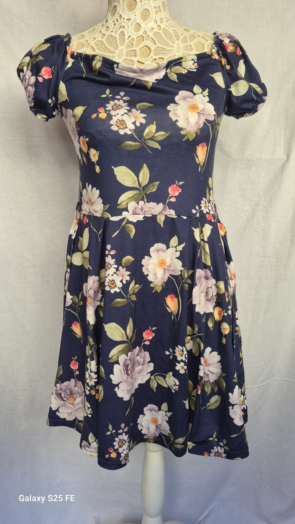 Innocence Navy Blue Floral Mini Skater Dress Off Shoulder Puff Sleeve UK 10 Good