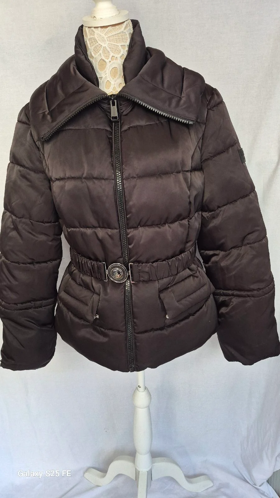 GUESS Women's Belted Puffer Jacket Coat Black/brown Padded Quilted Eco Size L
