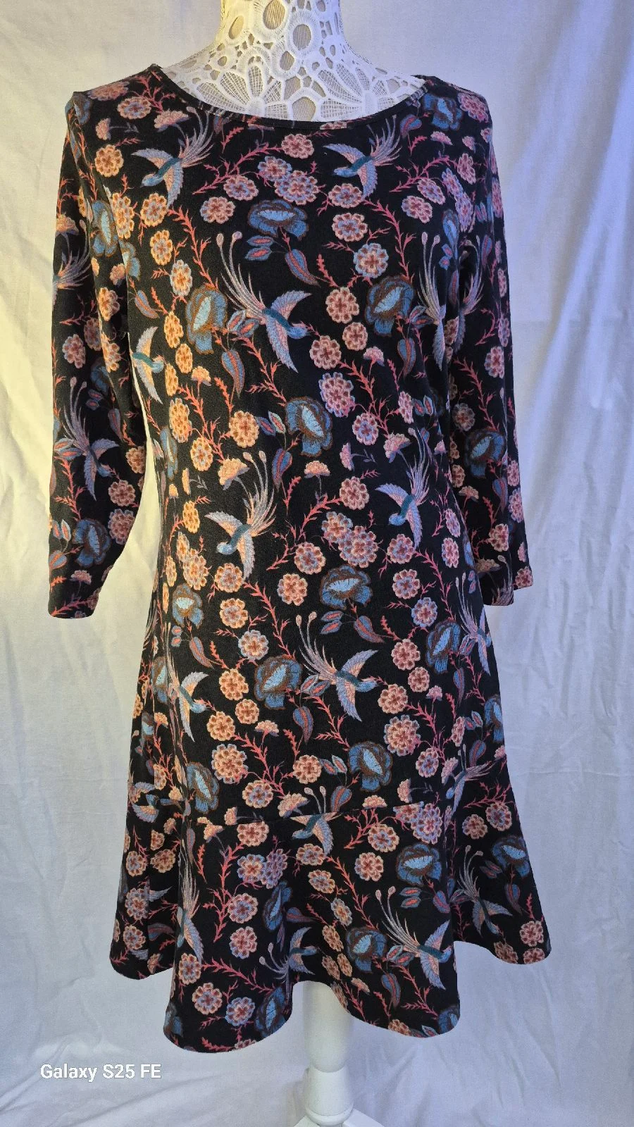 Cerulean Collection Floral Bird Print Dress S/M UK 8 10 Ruffle Hem French Design