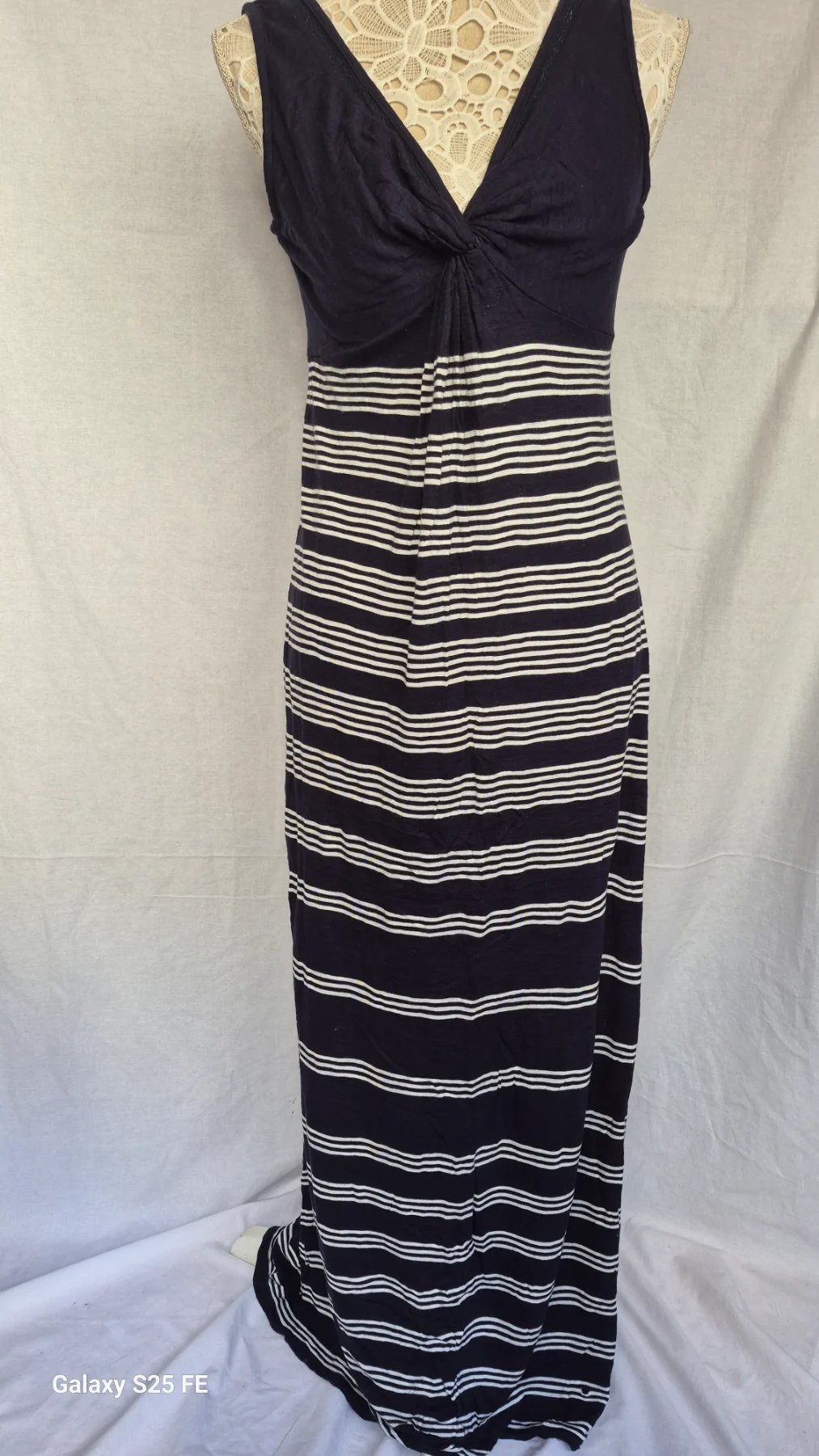 FatFace Navy Blue White Striped Maxi Dress UK Small S Twist Front V-Neck Summer