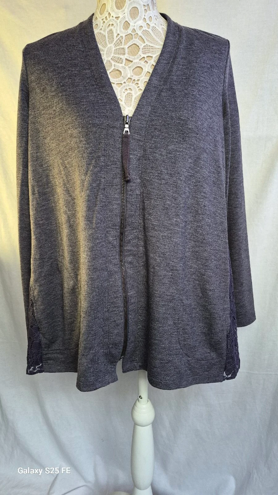 LOGO Lounge by Lori Goldstein Zip Cardigan Top Size UK M Lace Back Charcoal Grey