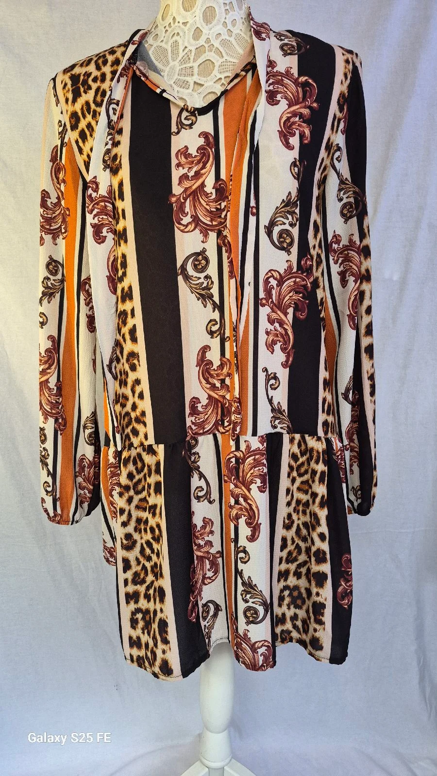 Boohoo Baroque Leopard Print Tie Neck Smock Dress Size 12 Italian Orange Black