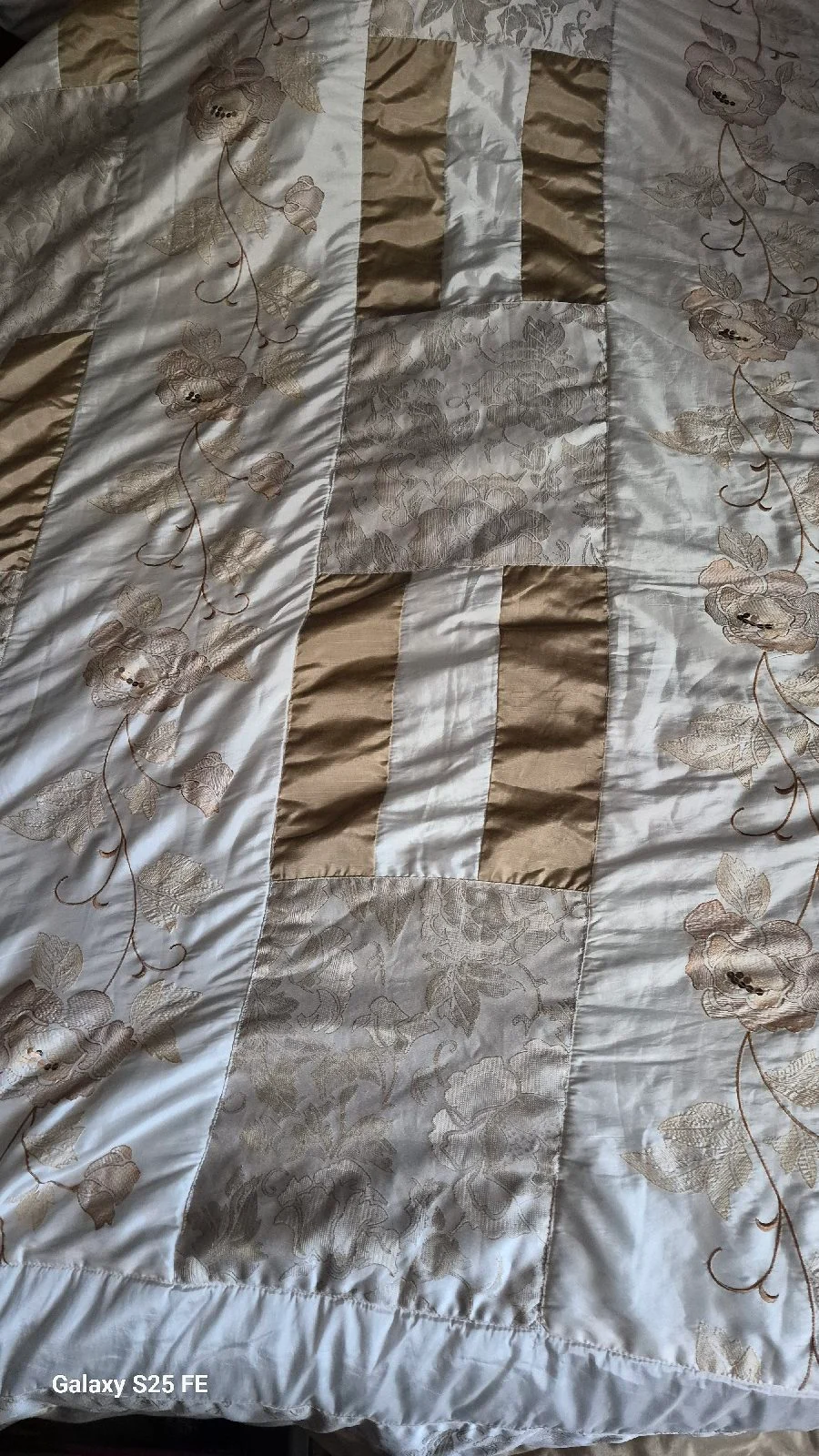 Pure Opulence Quilted Bedspread Gold Cream Floral Embroidered Throw Runner 48x105"