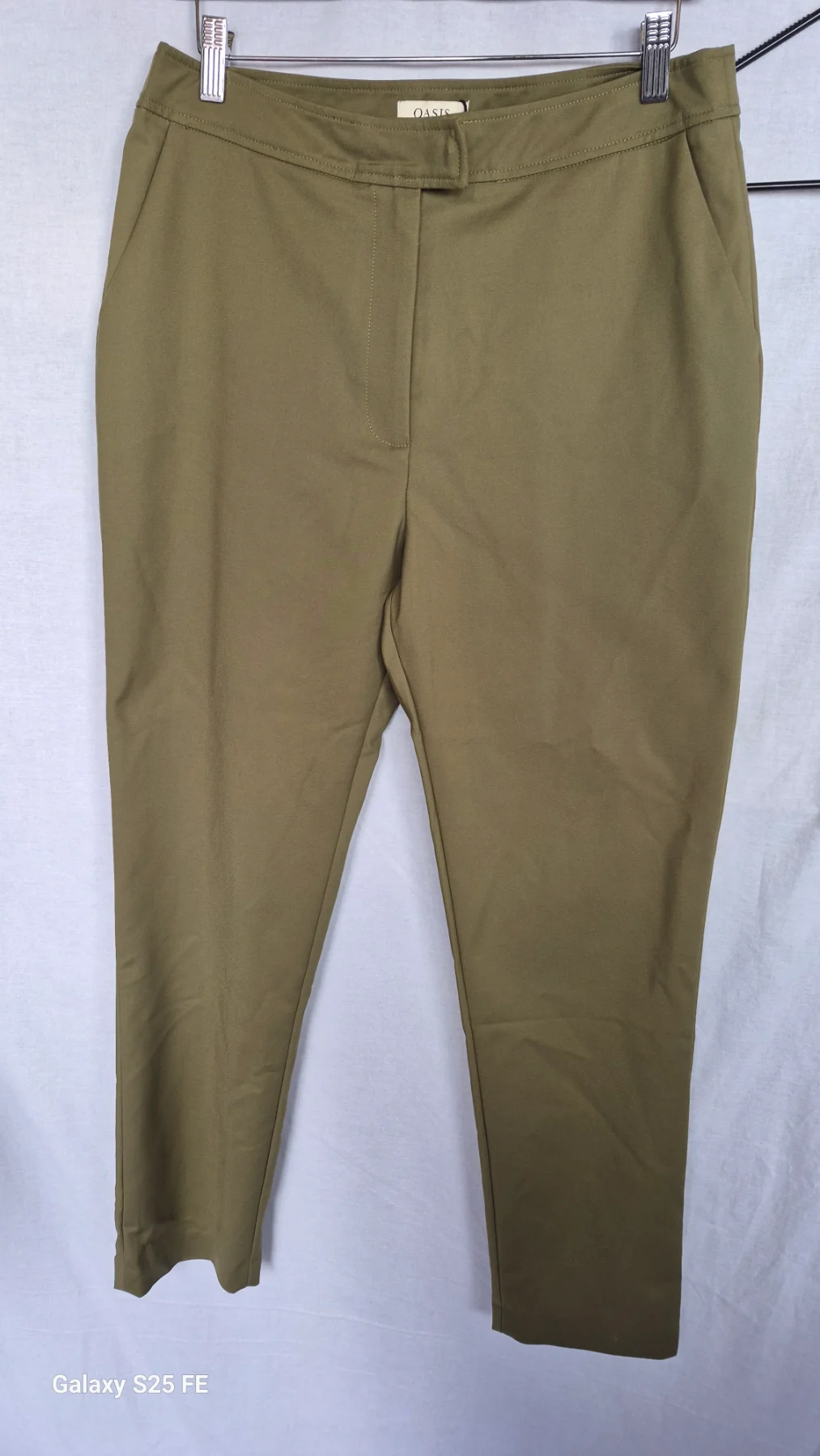 Oasis Trousers Size 14 Khaki Green Cotton Sateen Tailored Slim Leg Smart NWT