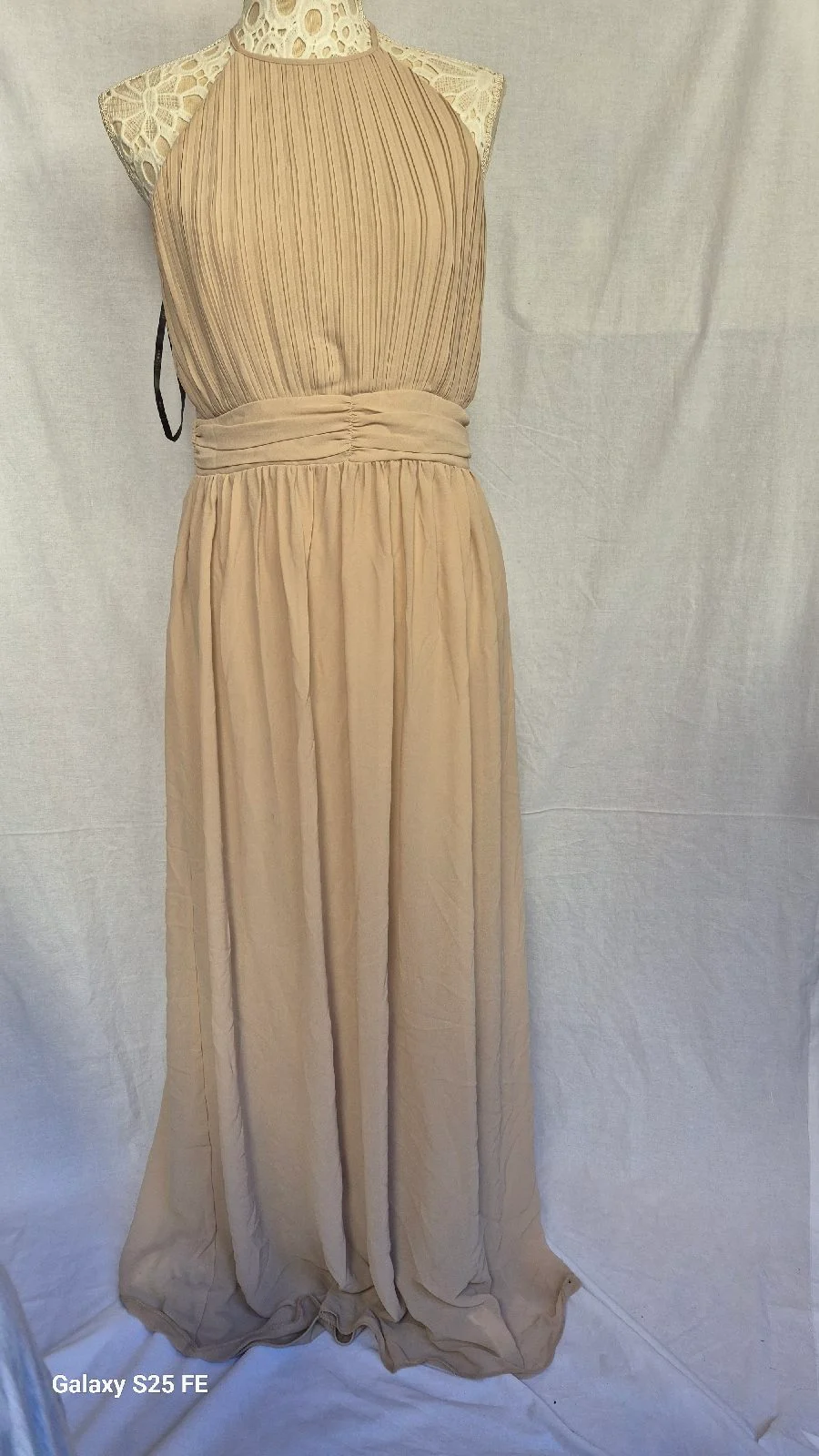 TFNC London Nude Beige Pleated Halterneck Chiffon Maxi Dress Size 14 Wedding Guest