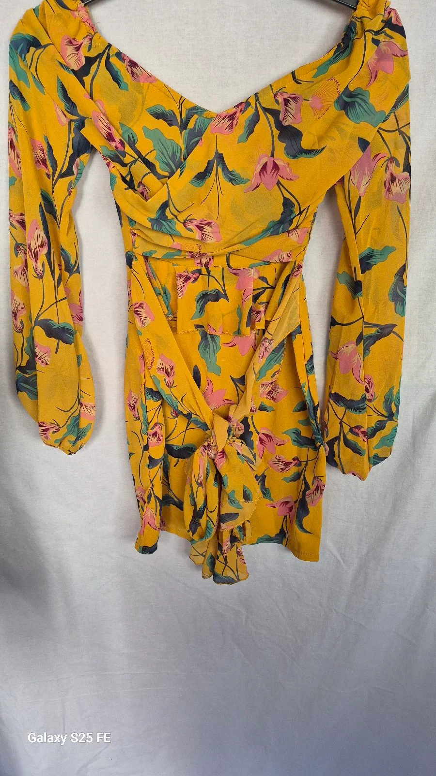NWT Mustard Yellow Floral Mini Dress Off Shoulder Long Sleeve Front Tie - Washed