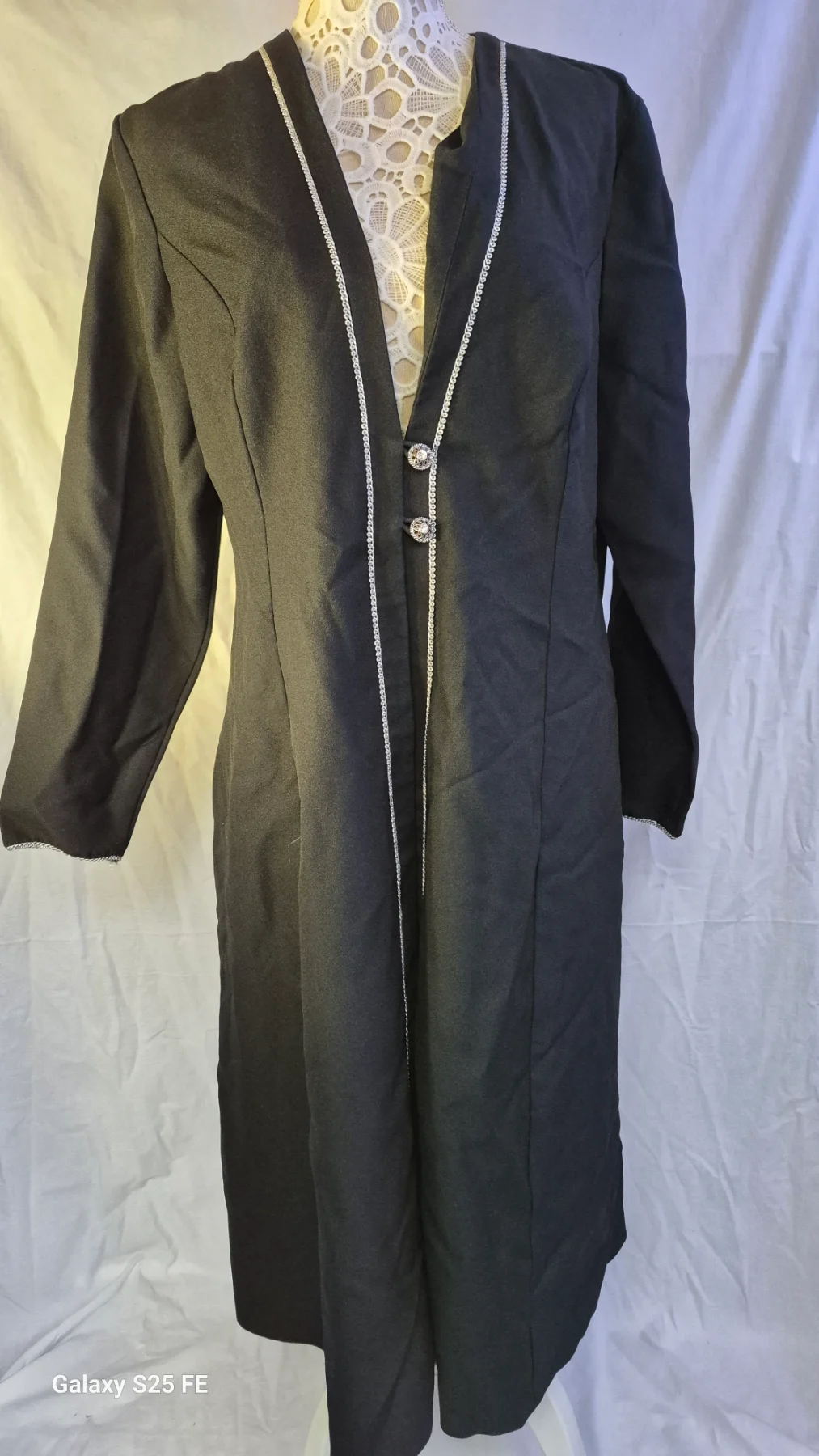 Vintage Made In Britain Black Longline Duster Coat Evening Jacket Silver Trim UK 16 EU 44