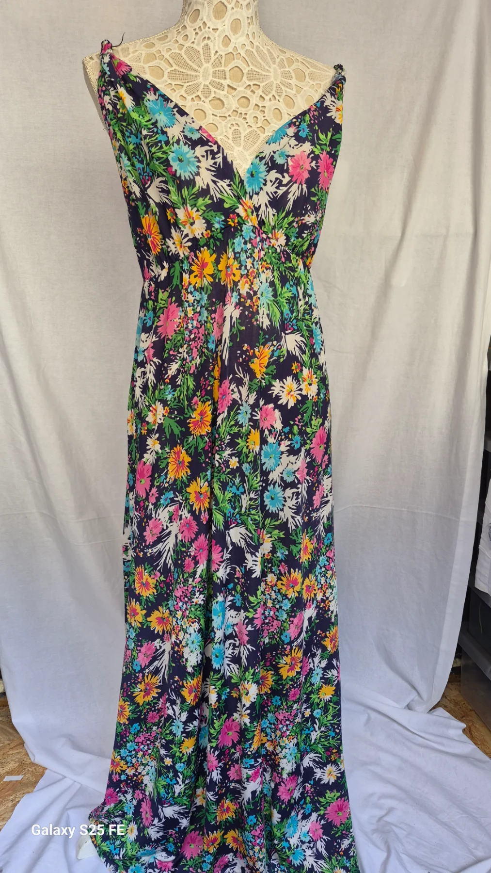 Kuccia Floral Maxi Dress Size S/M Braided Straps V-Neck Summer Sun Dress Navy Multi