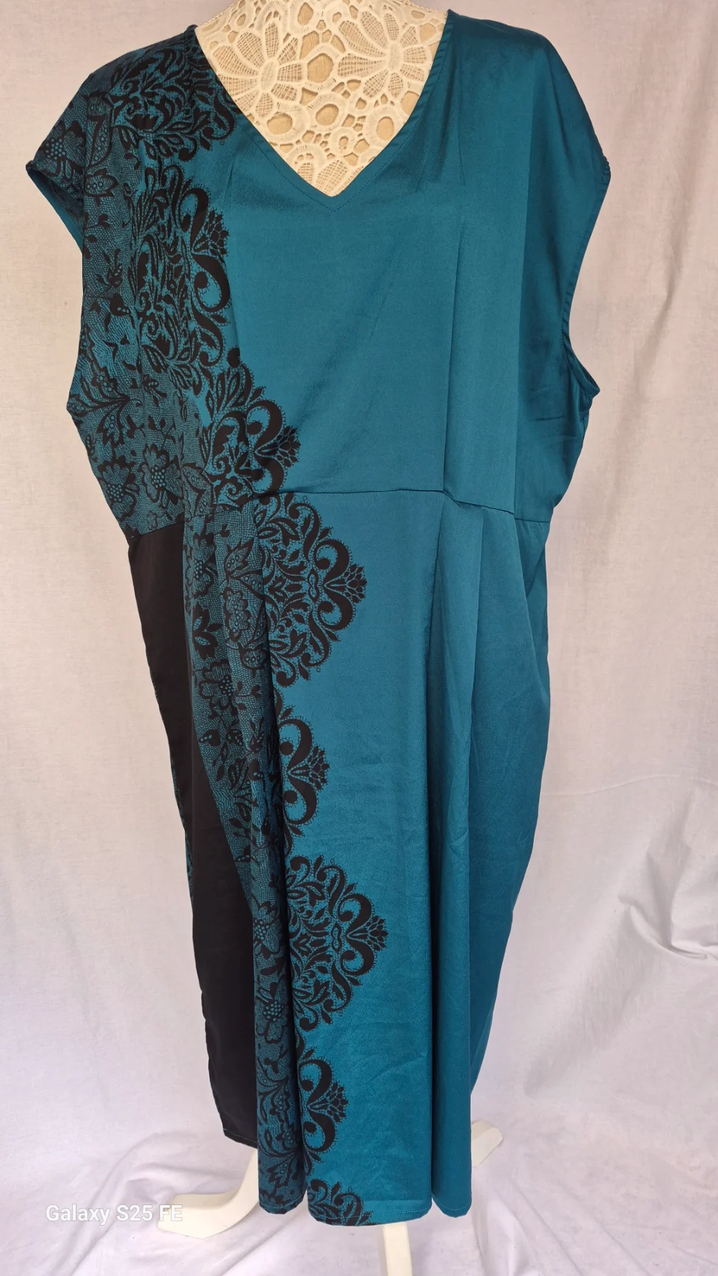 Kushi Teal Blue & Black Damask Print V-Neck Dress UK Size 22 Plus Size