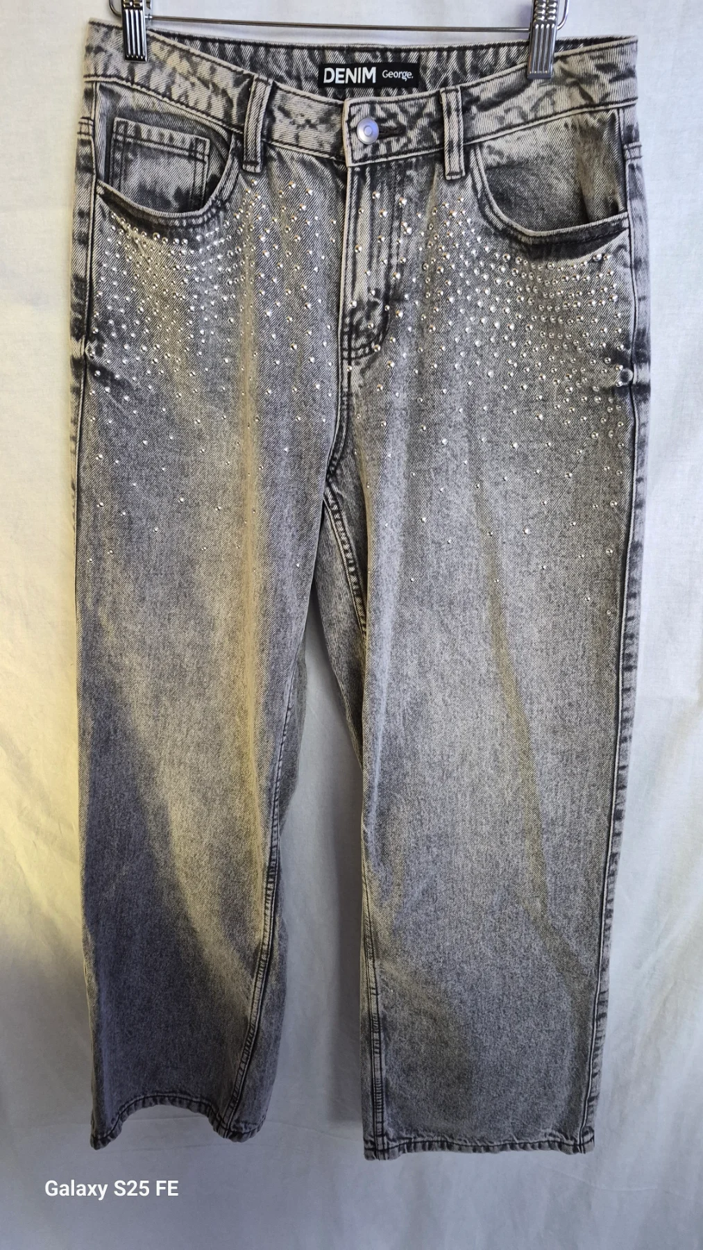GEORGE Womens Grey Acid Wash Studded Denim Jeans UK 12 Standard Rhinestone Pants