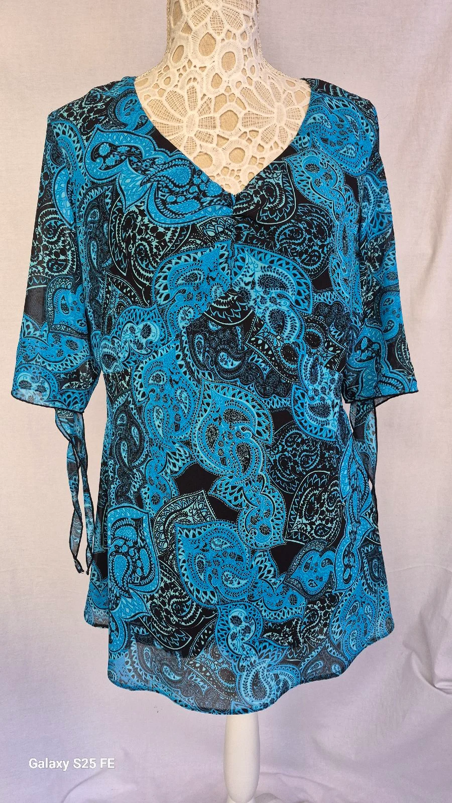 Happy D. by Damart Paisley Tunic Top UK 14 Blue Black Chiffon Layered Tie Sleeve