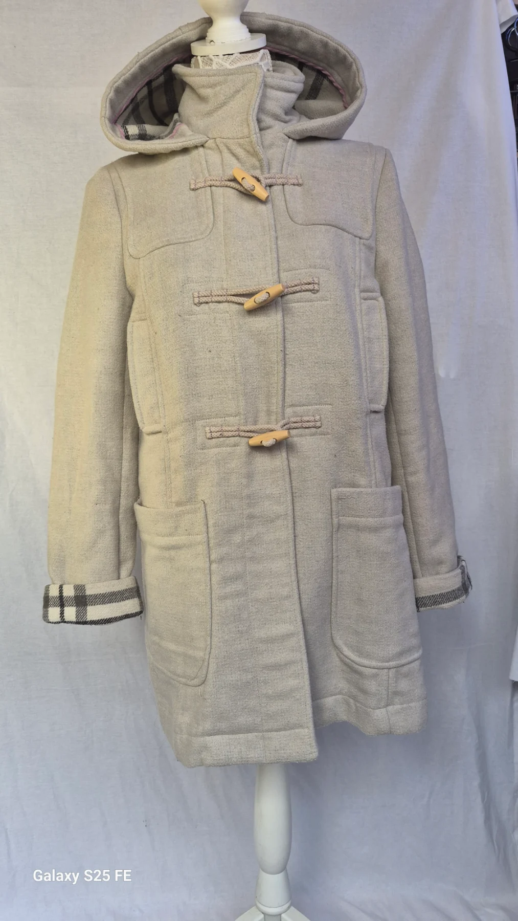 ATMOSPHERE Women's Oatmeal Duffle Coat Hooded Toggle Jacket Check Lined UK 12 Good