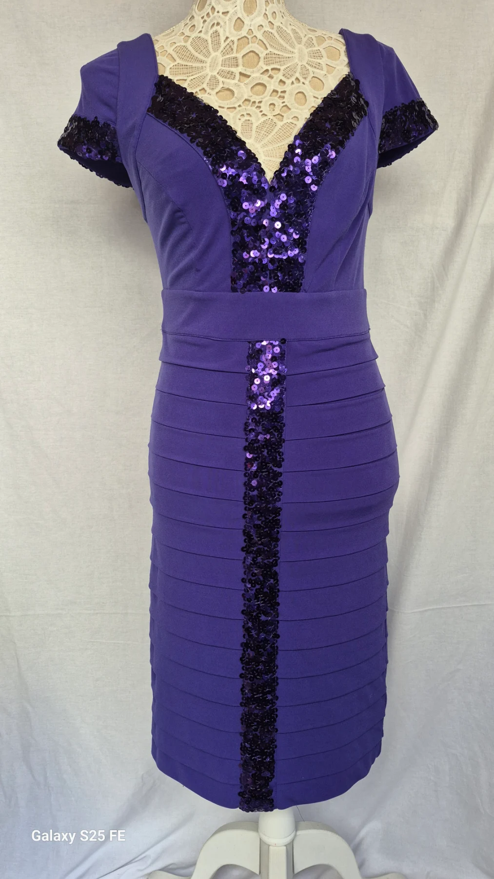 Teatro Purple Sequin Party Dress Size 10 12 Cap Sleeve Tiered Bodycon Cocktail