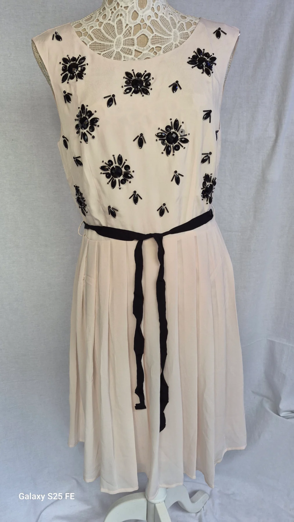Next Dress Size 12 Blush Pink Black Beaded Embellished Pleated Knee Length Party