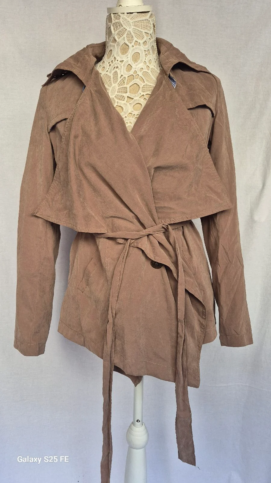JOVONNISTA UK 8 Taupe Brown Draped Waterfall Short Trench Coat Belted Jacket