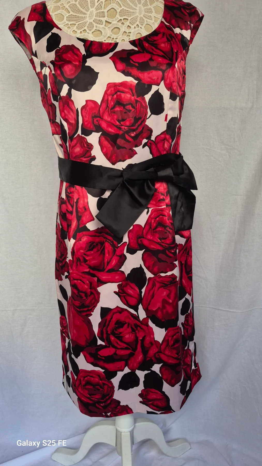 Kaleidoscope Red Rose Floral Dress UK 12 Satin Waist Bow Tie Occasion Wedding Party