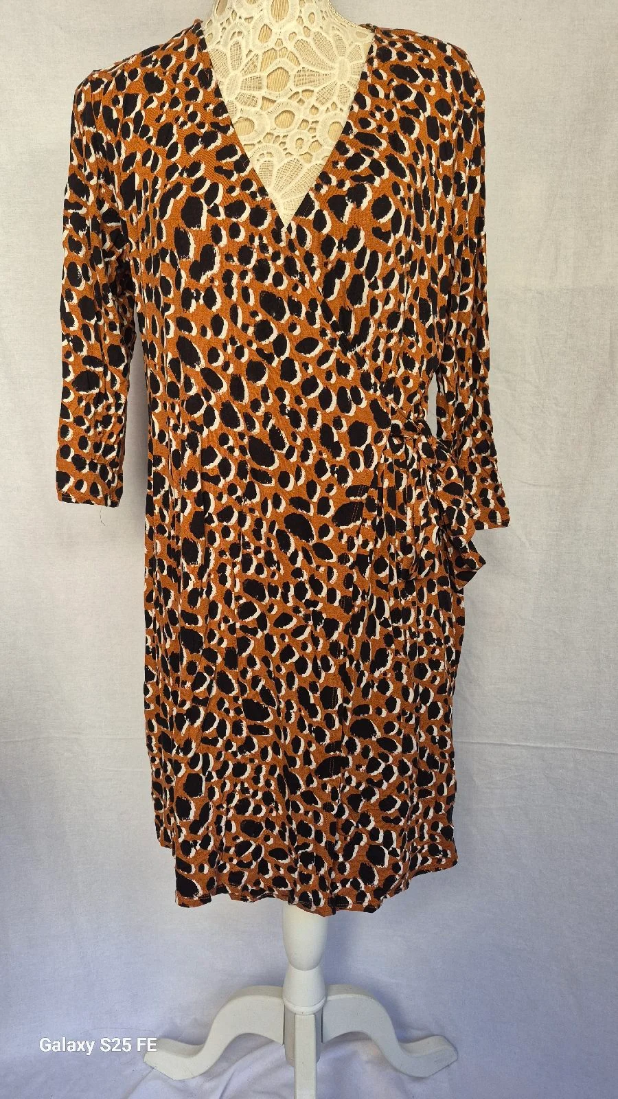 New Look Leopard Print Wrap Dress UK 16 Animal Print Jersey Midi 3/4 Sleeve Brown