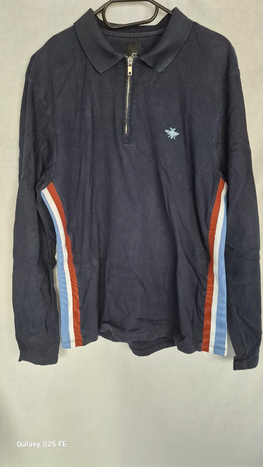 River Island Mens Quarter Zip Long Sleeve Polo Shirt Navy Bee Logo Size L
