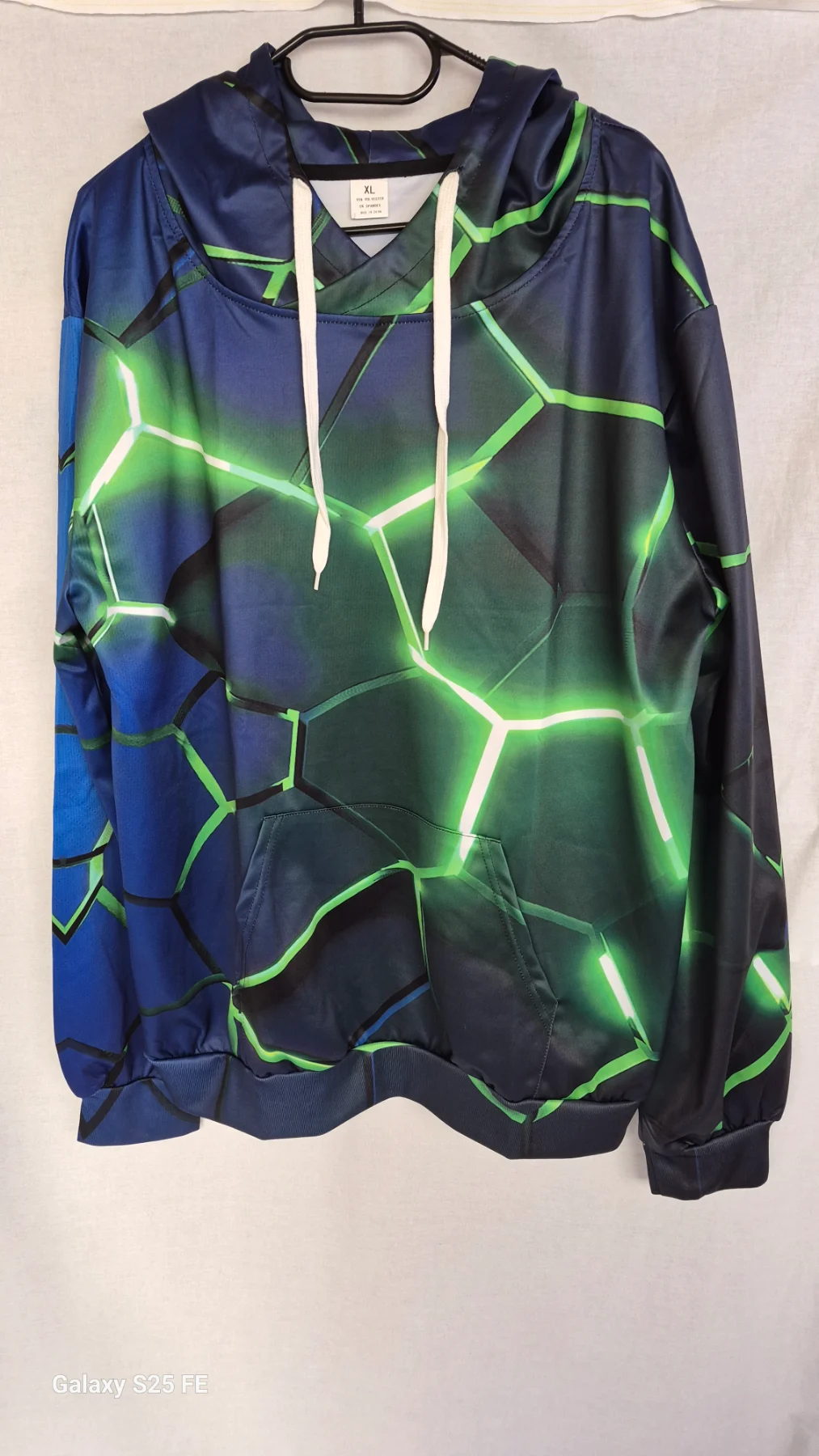 Mens XL Geometric Cyberpunk 3D Hoodie Green Blue Rave Gamer Festival Jumper