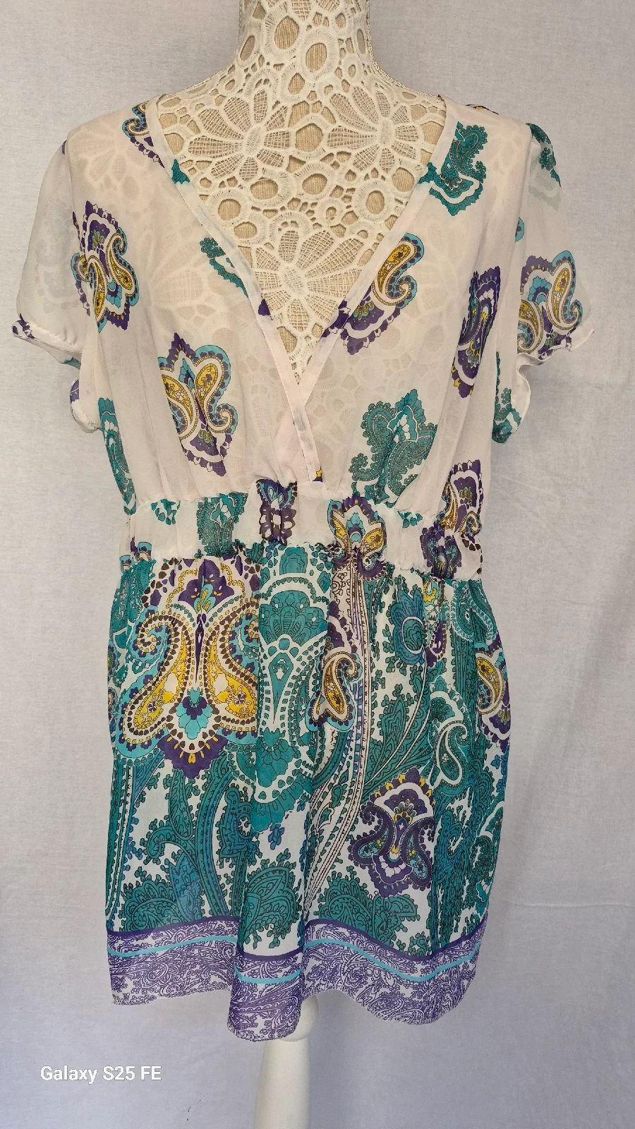MAYA Womens Paisley Print Tunic Top Size 14 V-Neck Boho Chiffon Teal Purple