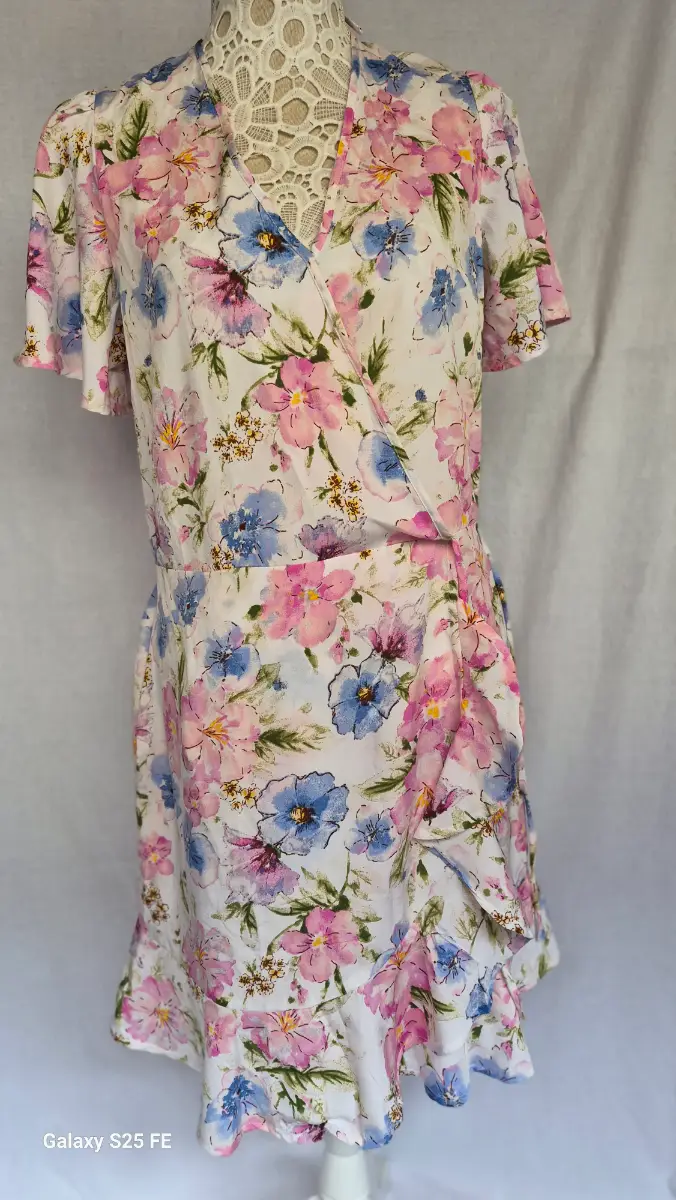 Band of the Free Floral Wrap Mini Dress Size XL Pink Blue Ruffle Short Sleeve Pockets