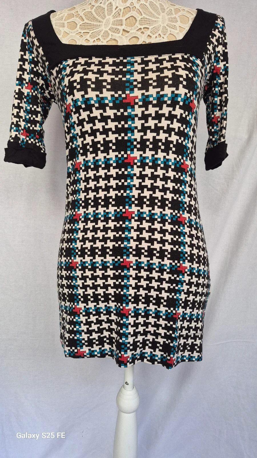 NEXT Petite Houndstooth Mini Dress Square Neck 3/4 Sleeve Teal Red Black Retro