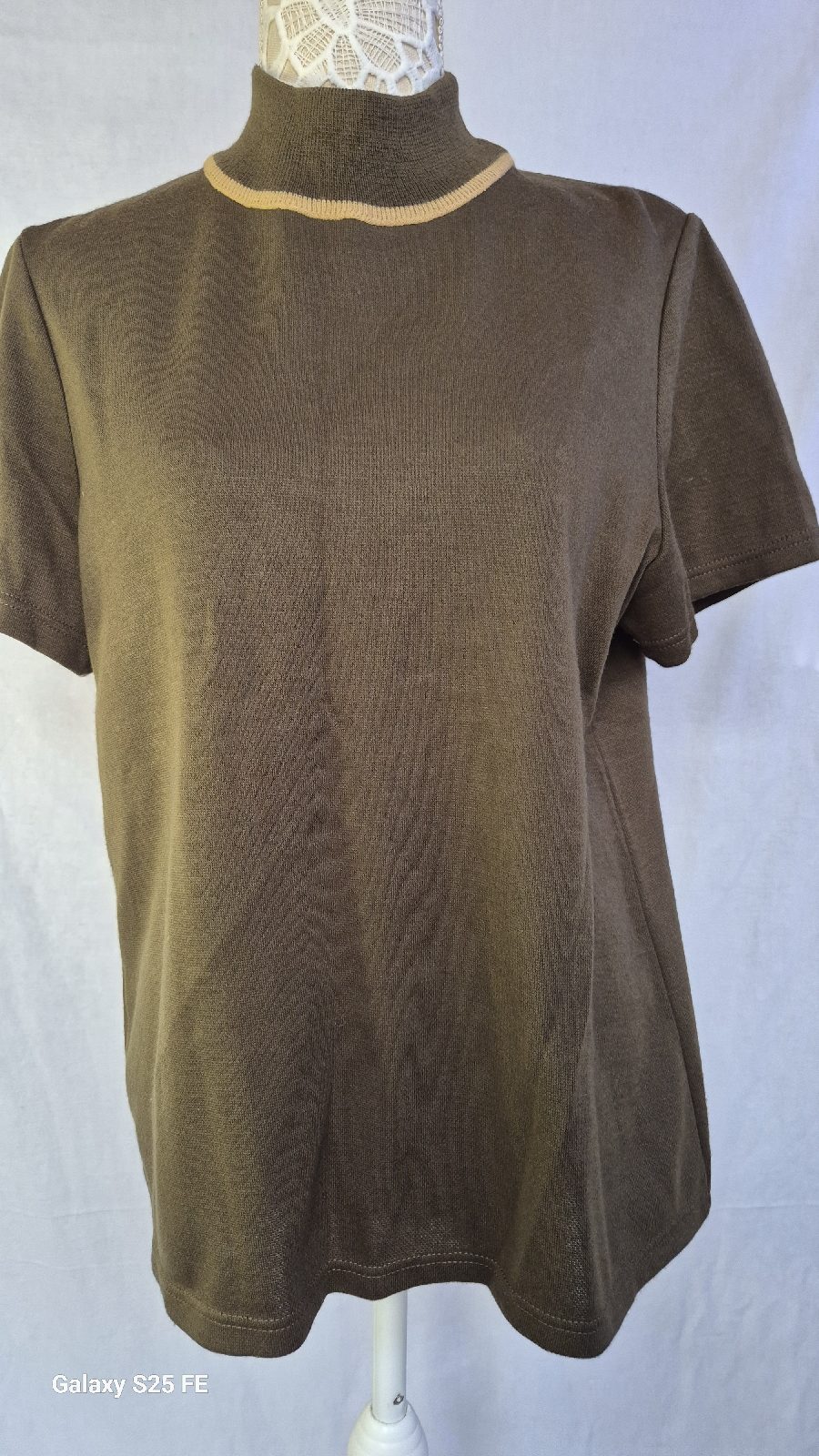 Nina Leonard Womens Size L Olive Brown Knit Short Sleeve Mock Neck Top Jumper